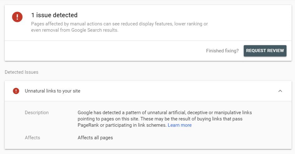 Google Search Console showing a website is removed from the search result page. A penalty for buying backlinks