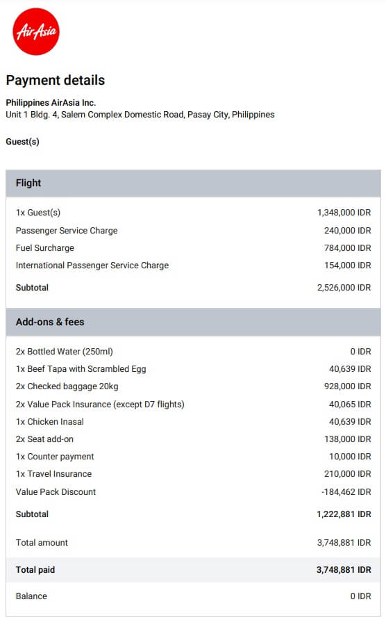 payment details from Bali to Manila